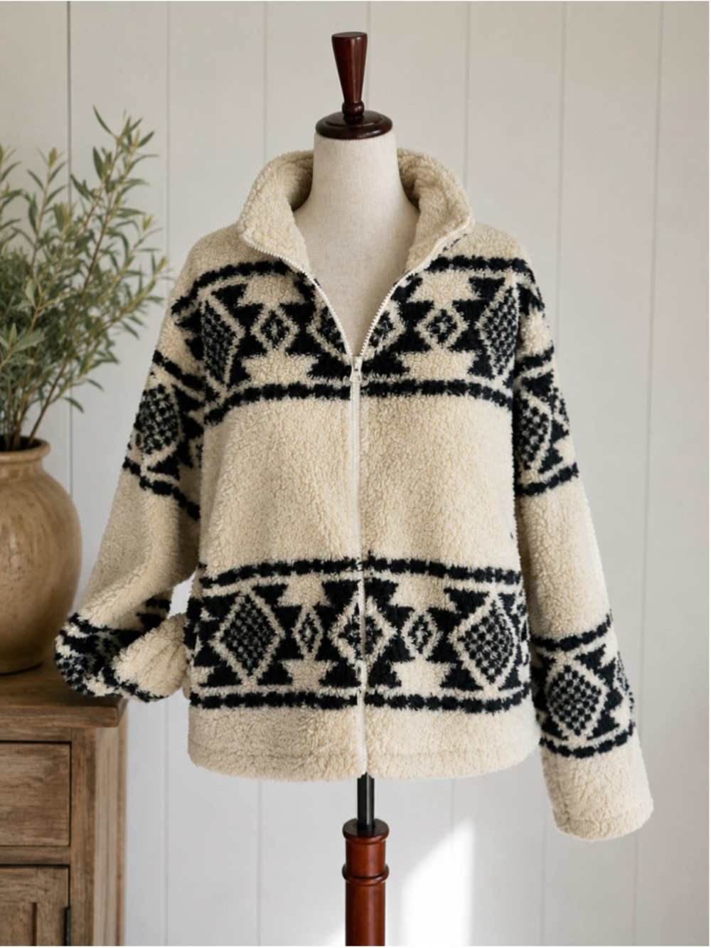 Lucky Brand Cream Black Geometric Sherpa Fleece Zip Jacket